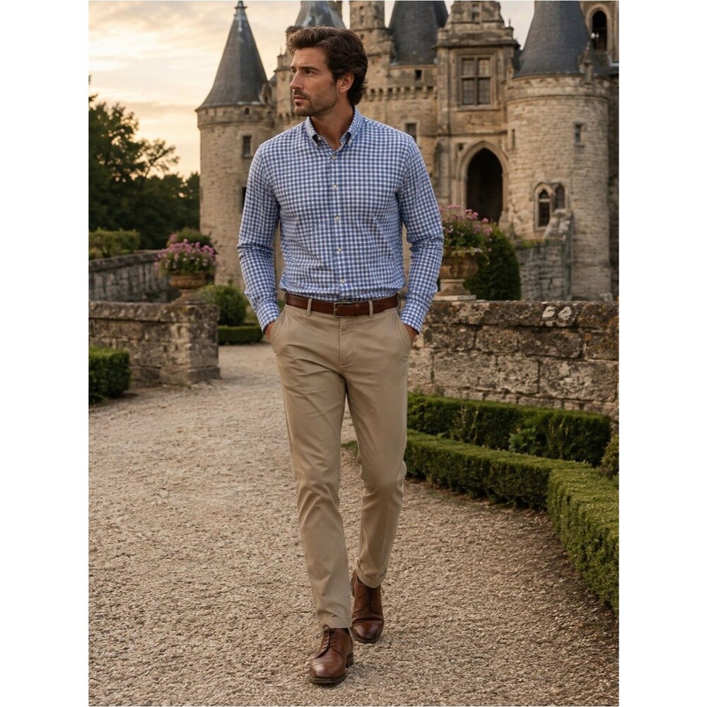 Thomas Pink Blue Gingham Checkered Cotton work Shirt button up slim fit preppy